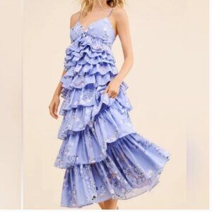 Anthropologie Geisha Design Midi Blue Tiered Dress size M